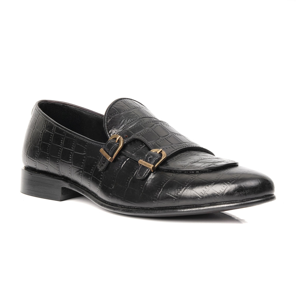 CS-02 Double Monk Strap Black Crocodile