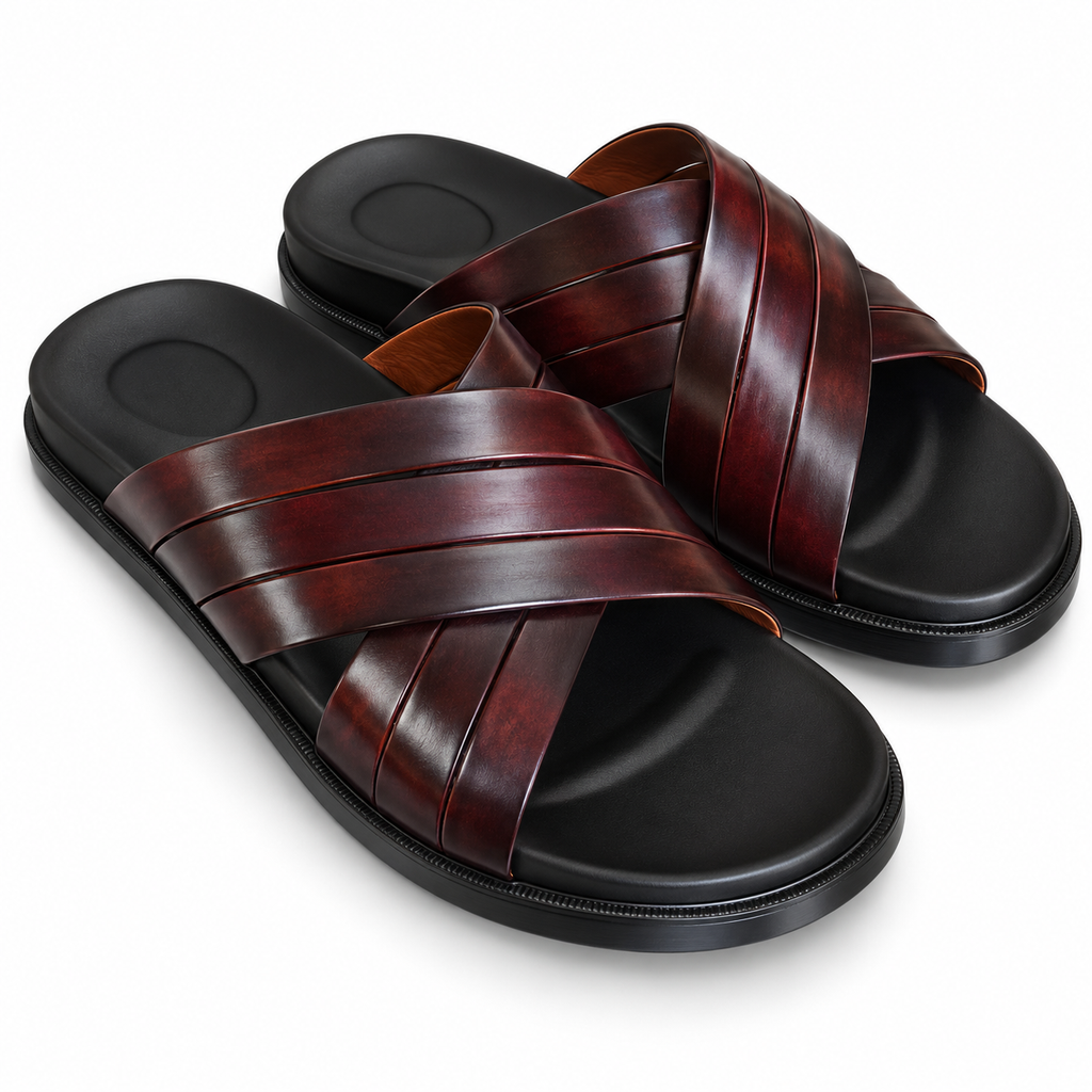 CS-34 Brown Shaded Cross-Style Leather Slippers