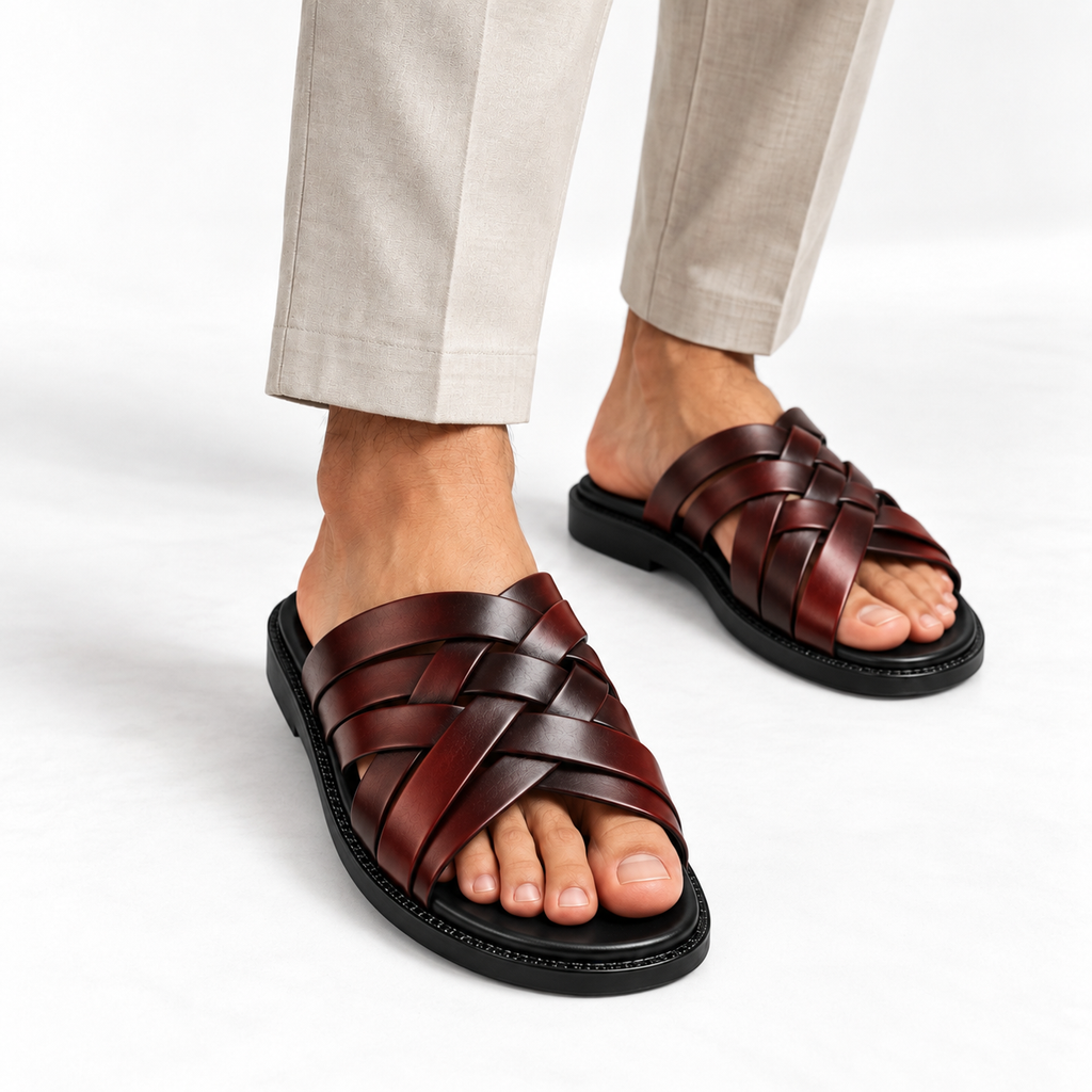 CS-32 Brown Shaded Woven Leather Slippers