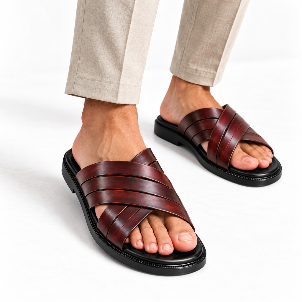 CS-34 Brown Shaded Cross-Style Leather Slippers