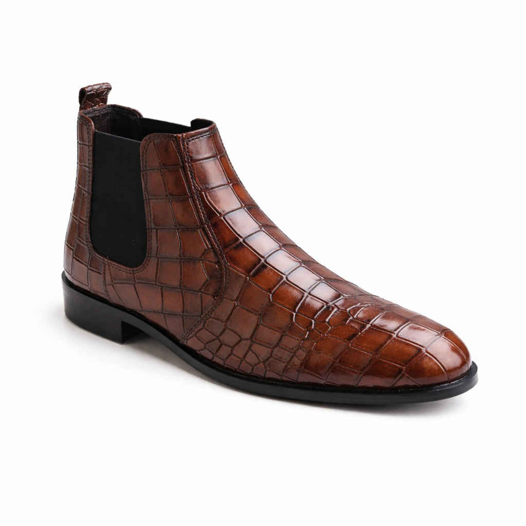 CS-03 Brown Crocodile Chelsea Boots | Leather Sole